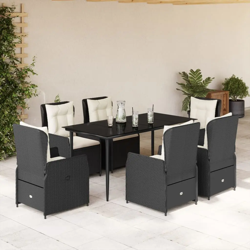 Set da Pranzo da Giardino 7 pz Nero con Cuscini in Polyrattan