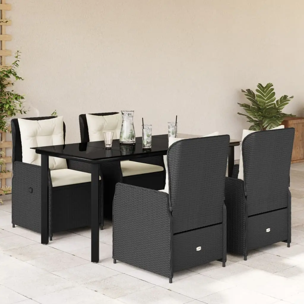 Set da Pranzo da Giardino 5 pz Nero con Cuscini in Polyrattan