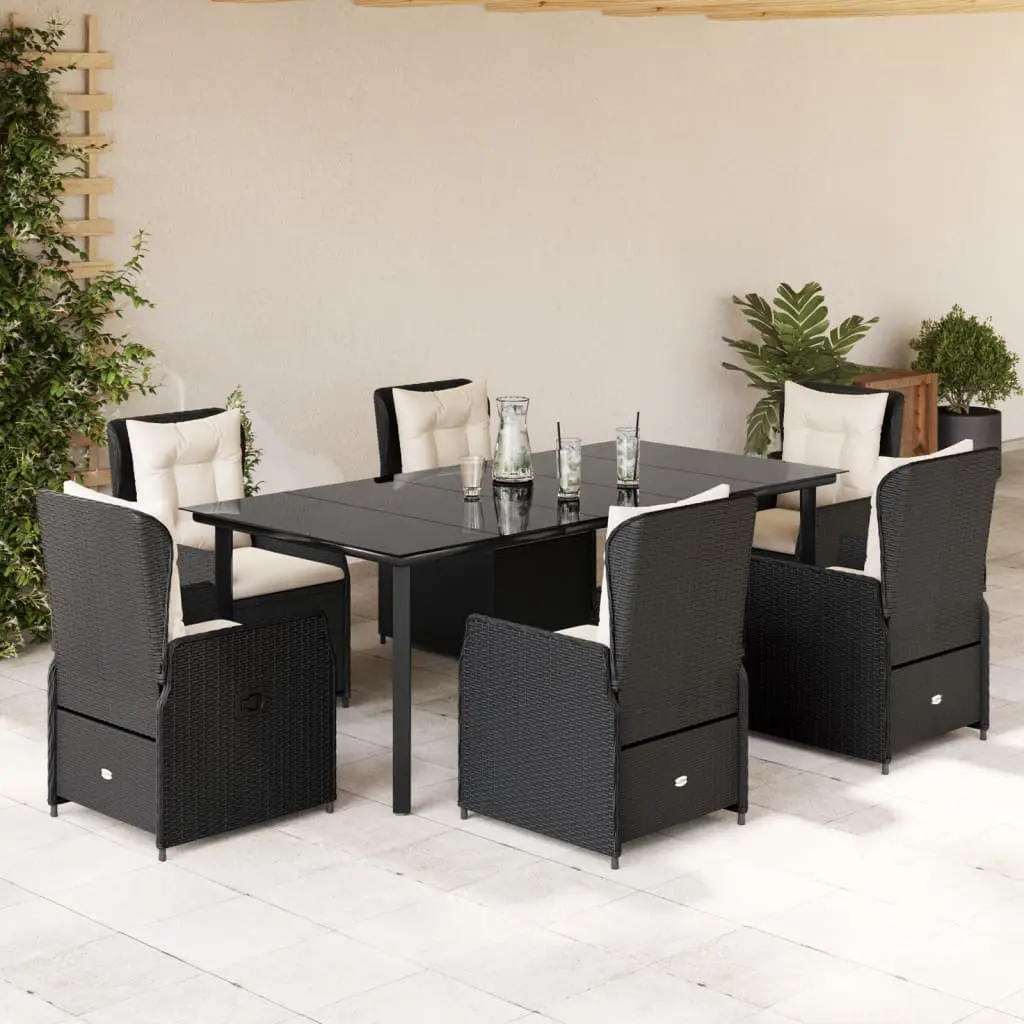 Set da Pranzo da Giardino 7 pz Nero con Cuscini in Polyrattan