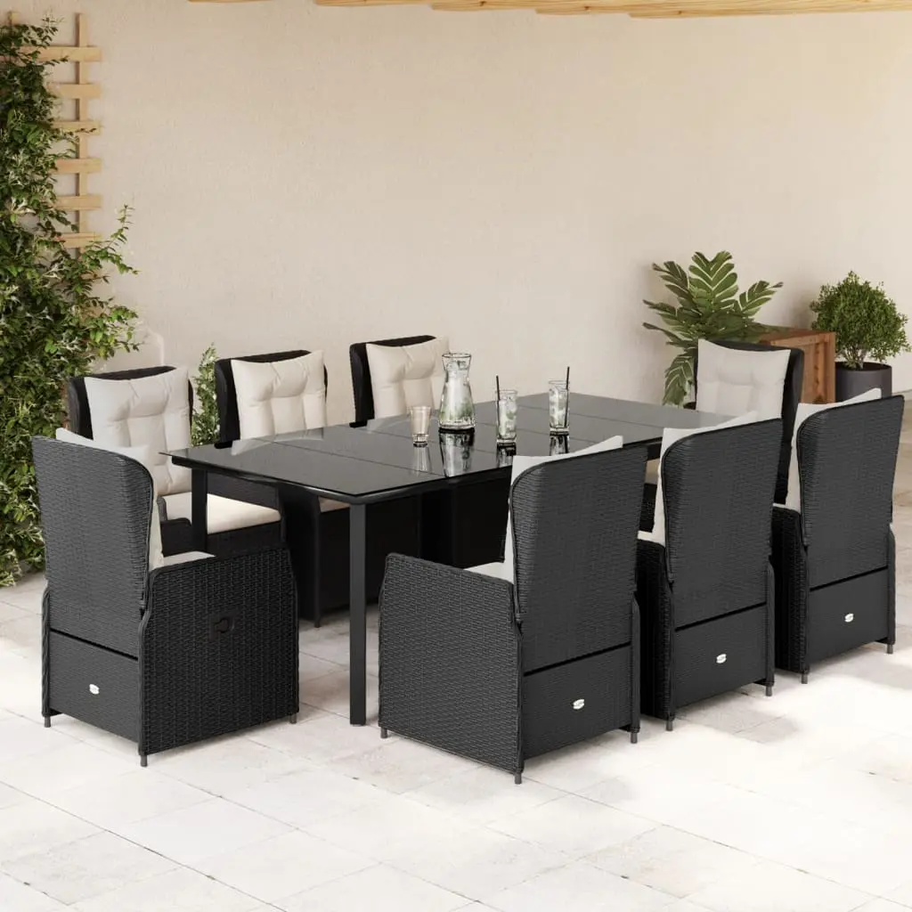 Set da Pranzo da Giardino 9 pz con Cuscini Nero in Polyrattan