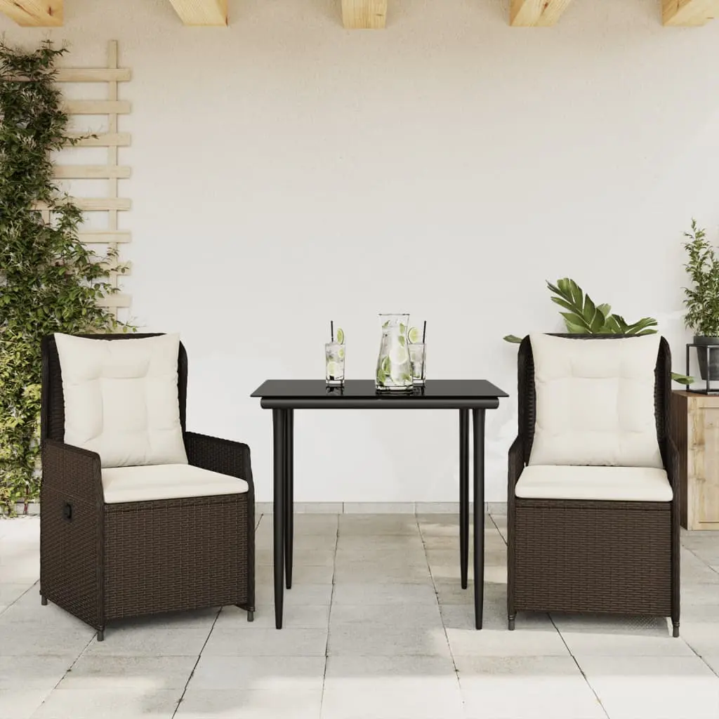 Set da Pranzo da Giardino 3pz con Cuscini in Polyrattan Marrone