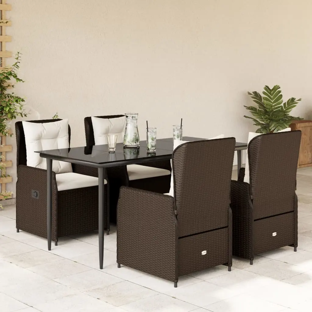 Set da Pranzo da Giardino 5pz con Cuscini in Polyrattan Marrone