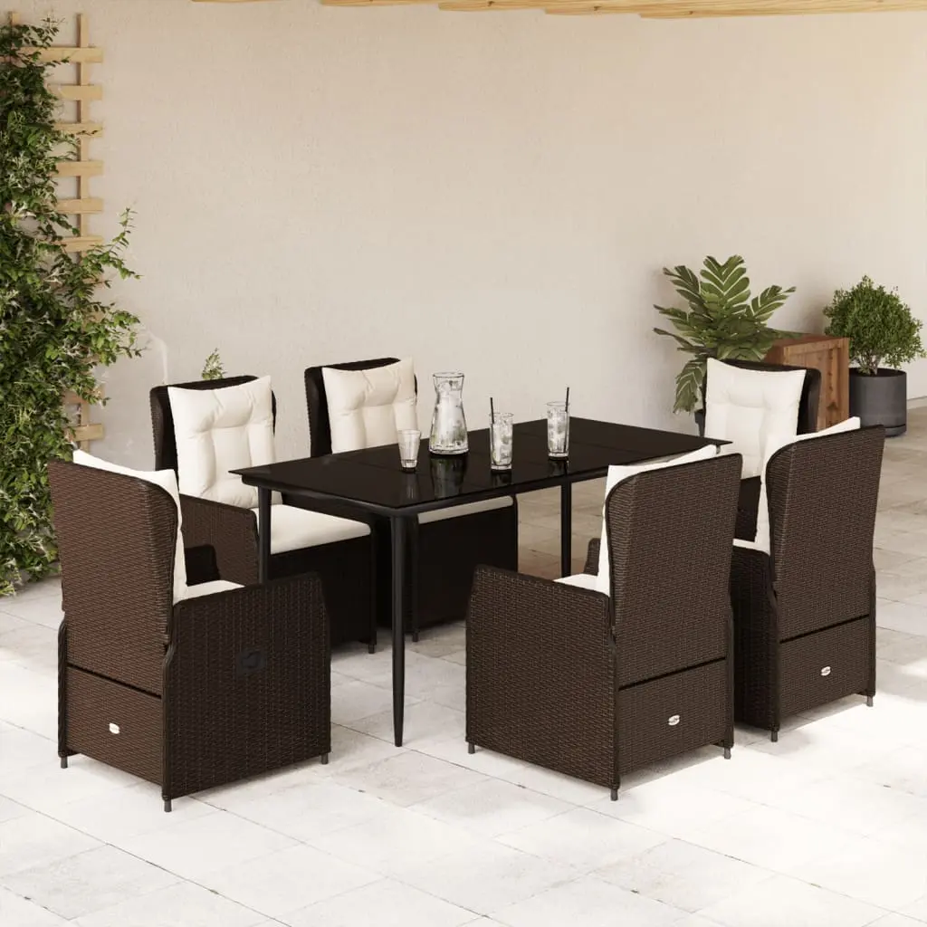 Set da Pranzo da Giardino 7pz con Cuscini in Polyrattan Marrone