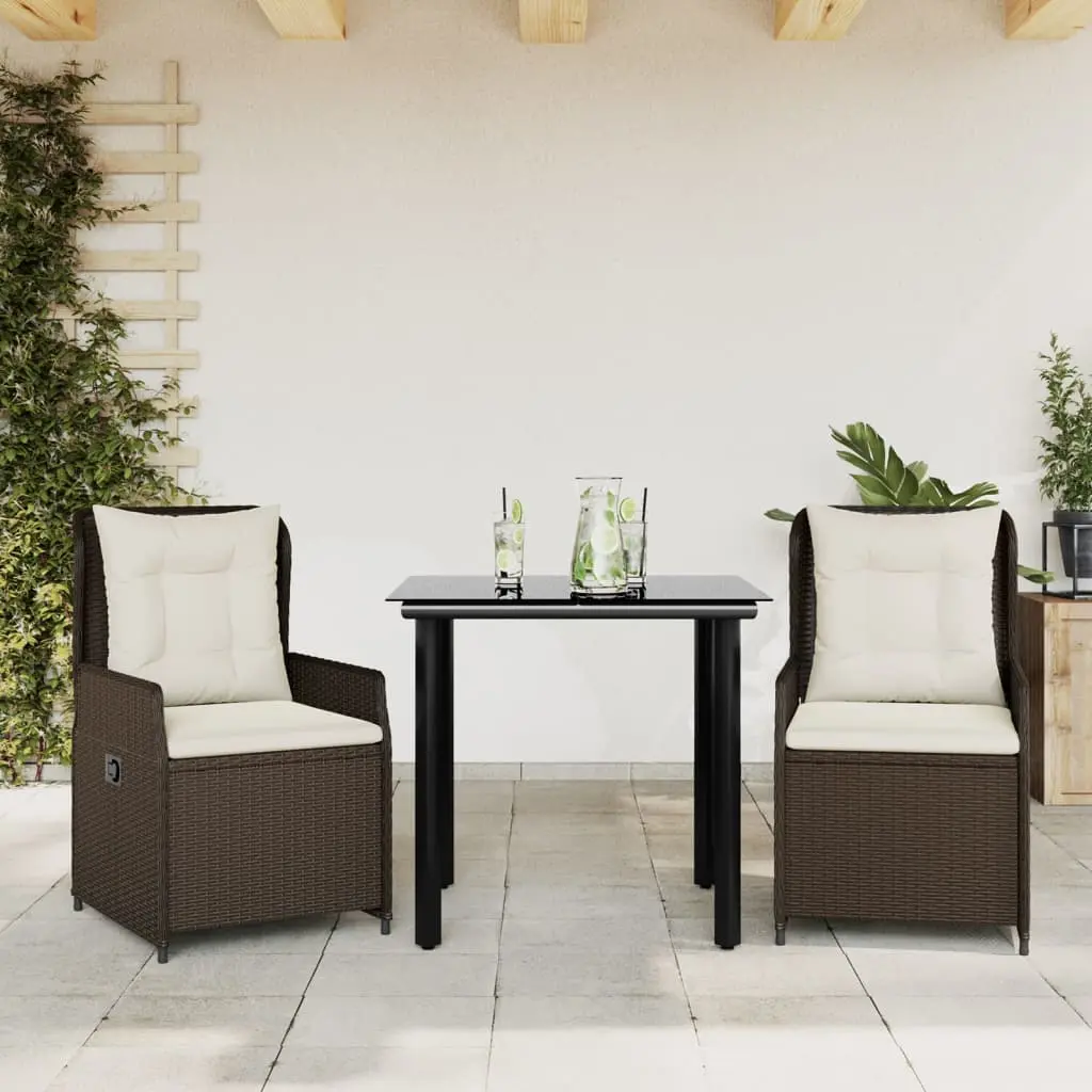 Set da Pranzo da Giardino 3pz con Cuscini in Polyrattan Marrone