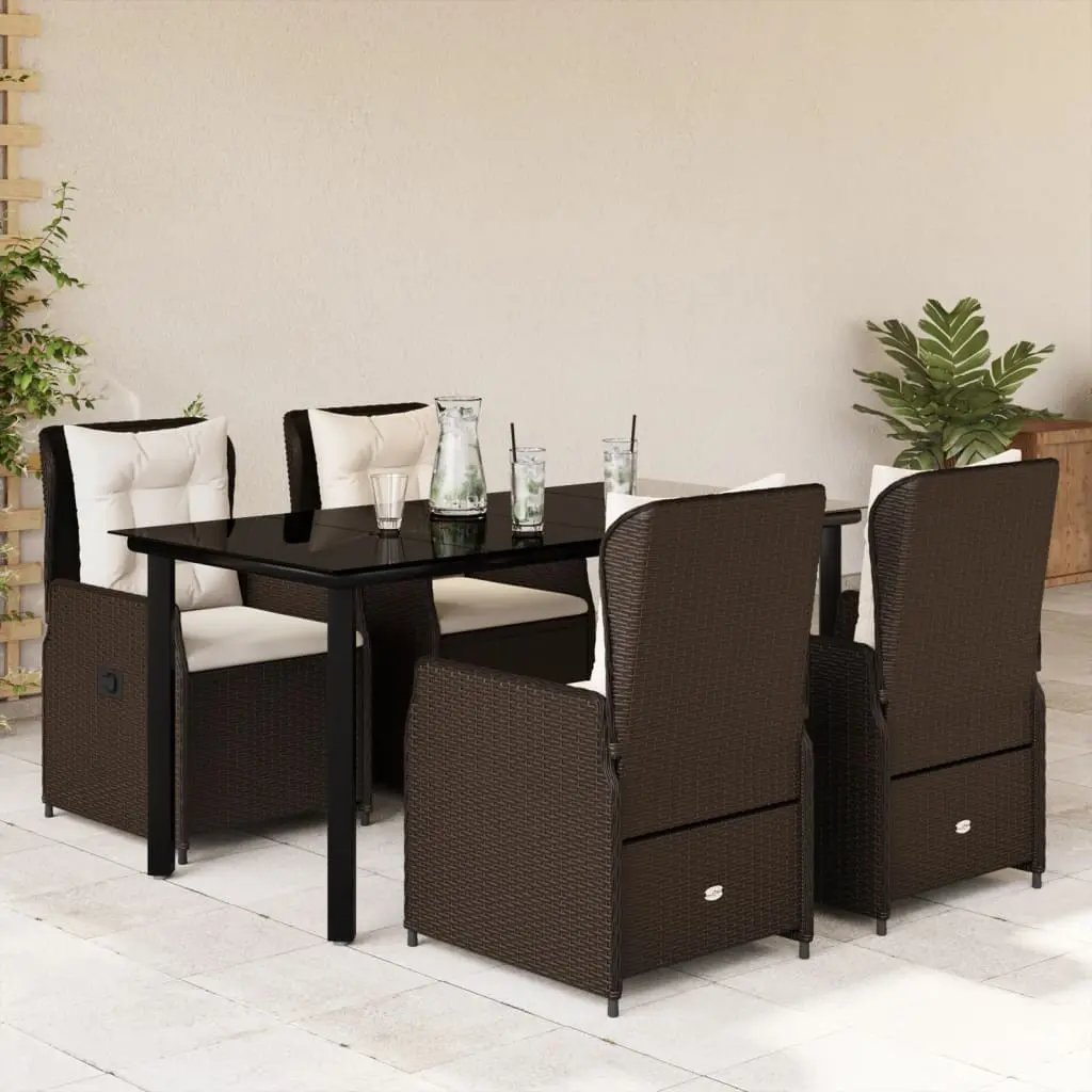 Set da Pranzo da Giardino 5pz con Cuscini in Polyrattan Marrone