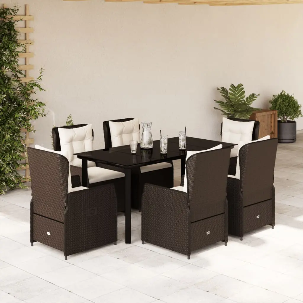 Set da Pranzo da Giardino 7pz con Cuscini in Polyrattan Marrone