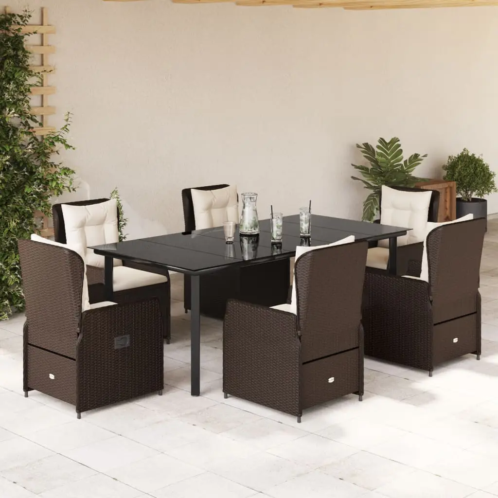 Set da Pranzo da Giardino 7pz con Cuscini in Polyrattan Marrone