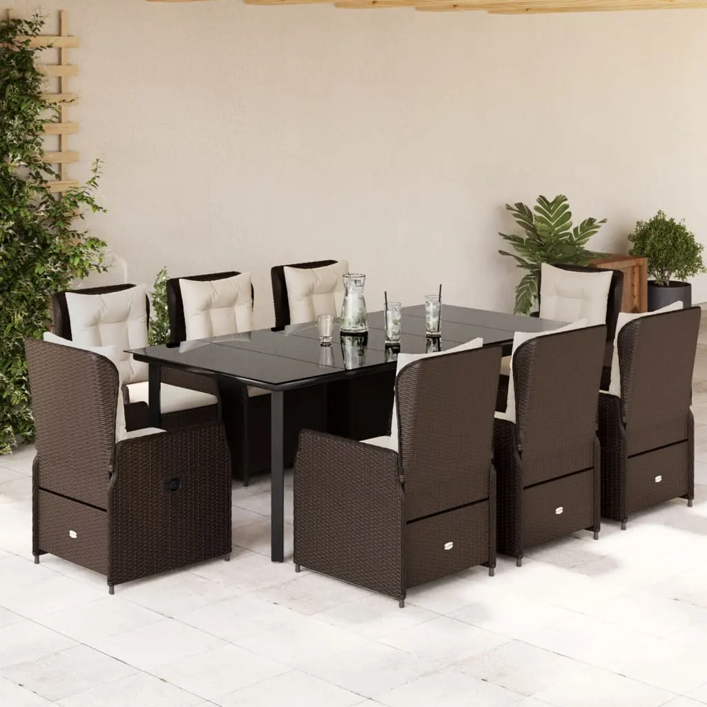 Set da Pranzo da Giardino 9pz con Cuscini Marrone in Polyrattan