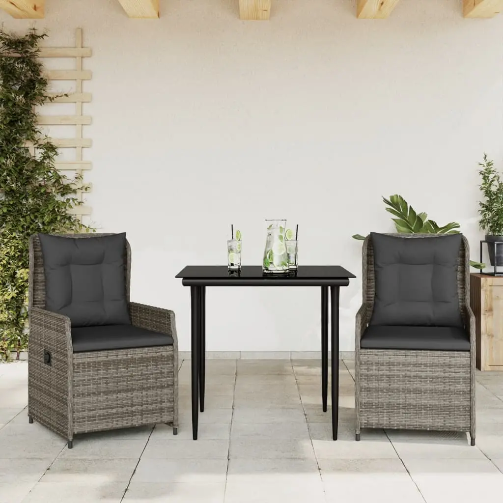 Set da Pranzo da Giardino 3 pz con Cuscini in Polyrattan Grigio