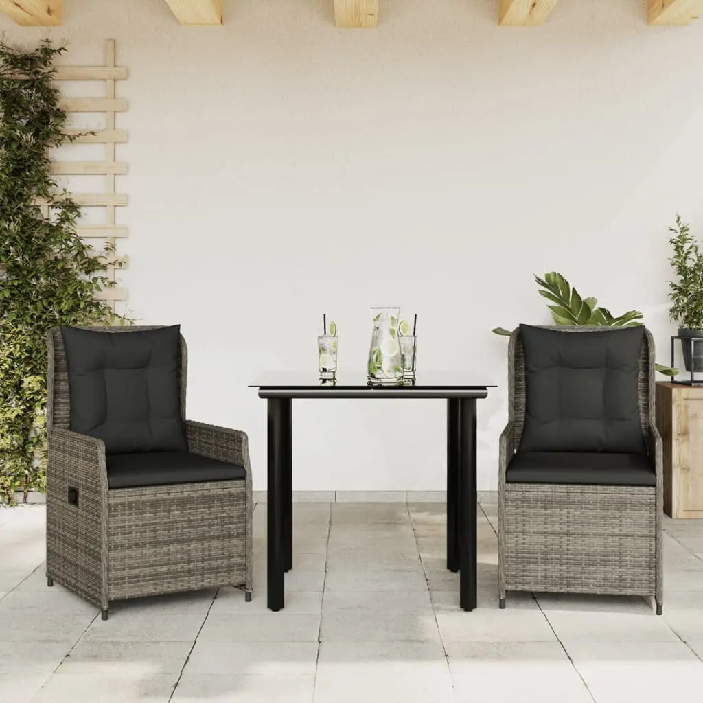 Set da Pranzo da Giardino 3 pz con Cuscini in Polyrattan Grigio