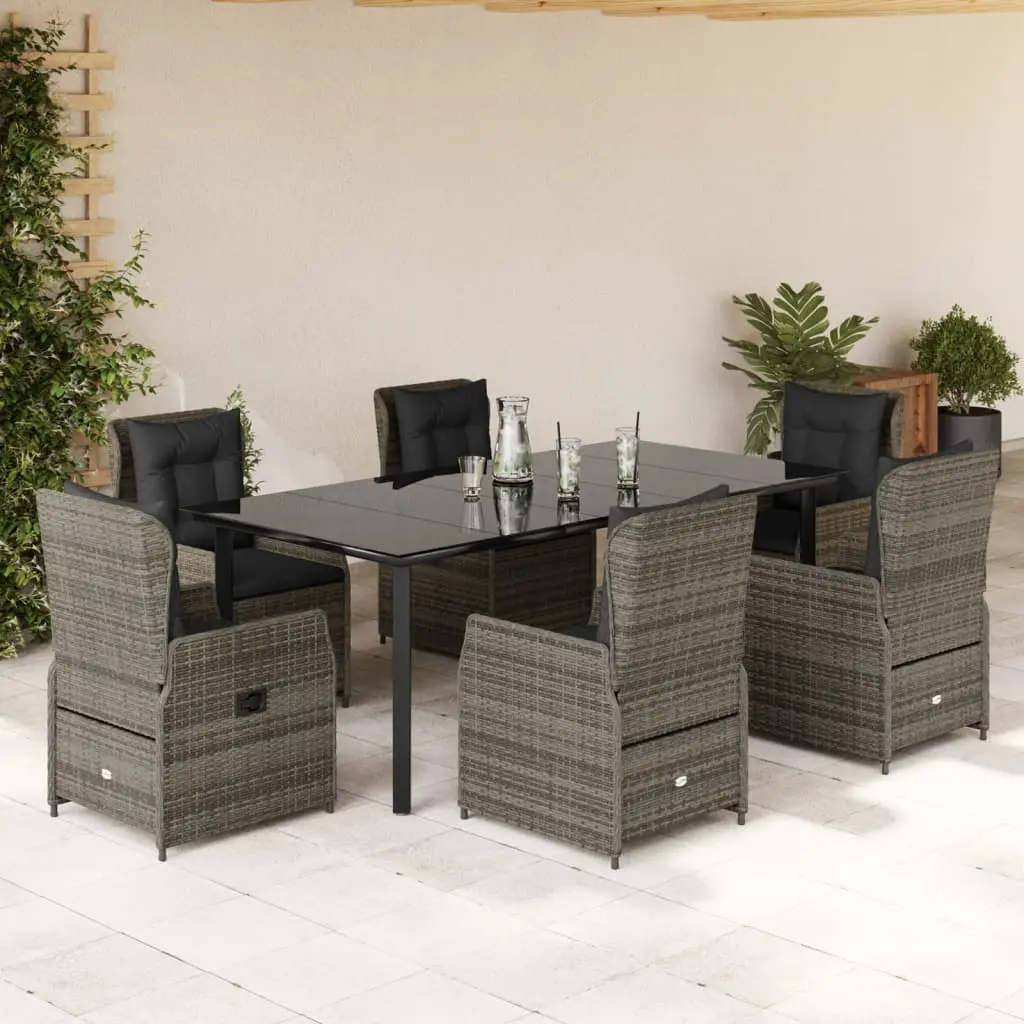 Set da Pranzo da Giardino 7 pz con Cuscini in Polyrattan Grigio