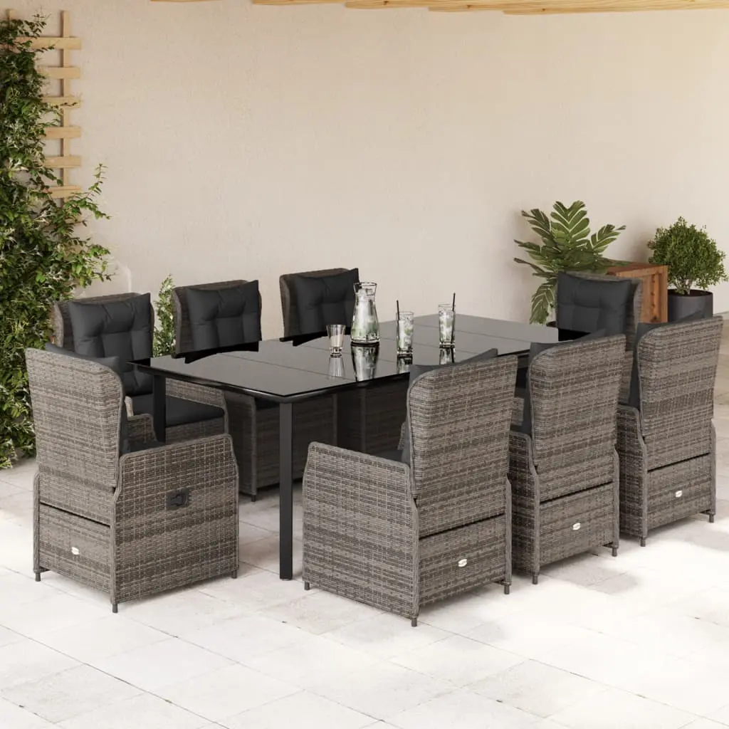 Set da Pranzo da Giardino 9 pz con Cuscini in Polyrattan Grigio