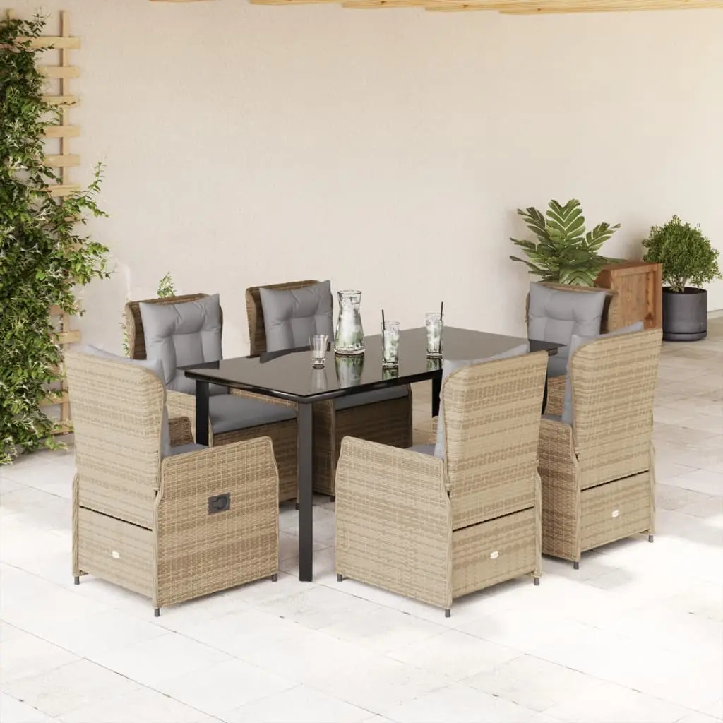 Set da Pranzo da Giardino 7 pz con Cuscini Beige in Polyrattan