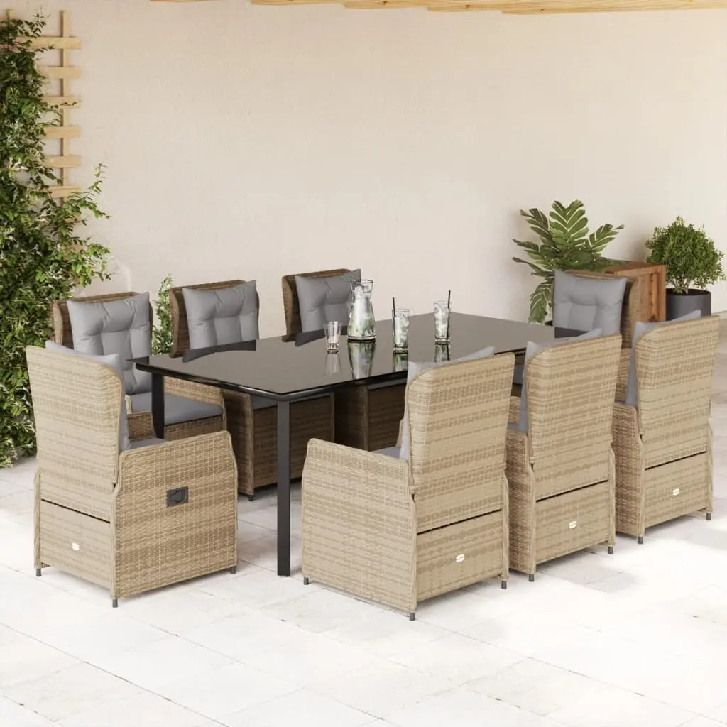 Set da Pranzo da Giardino 9 pz con Cuscini Beige in Polyrattan