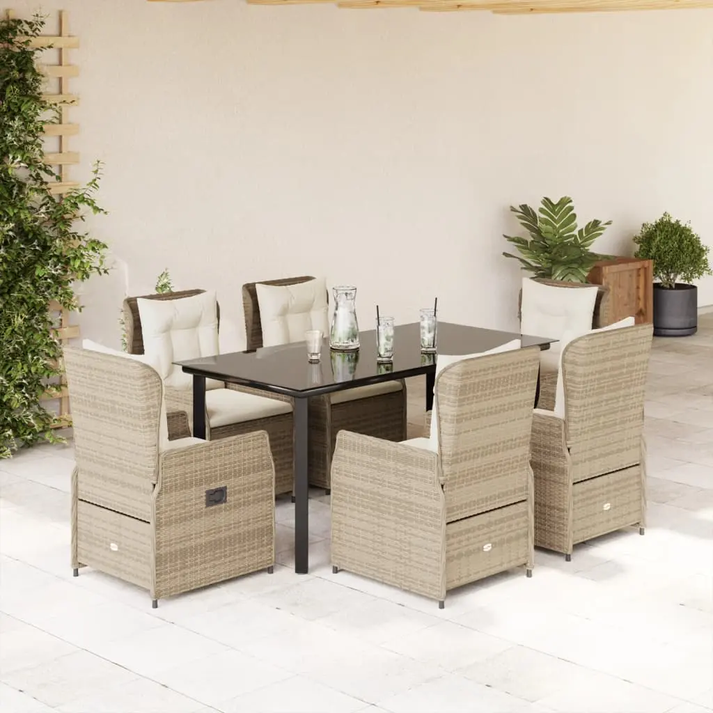 Set da Pranzo da Giardino 7 pz con Cuscini Beige in Polyrattan