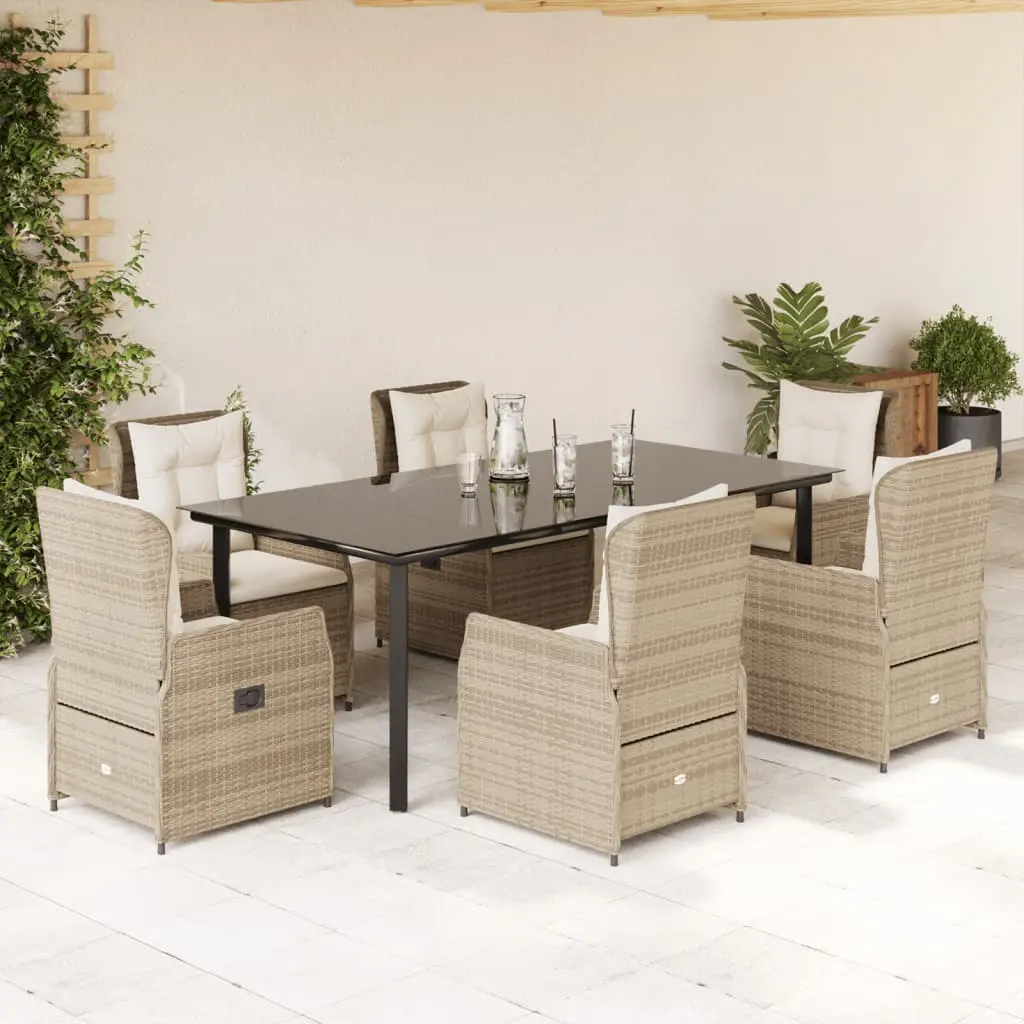 Set da Pranzo da Giardino 7 pz con Cuscini Beige in Polyrattan