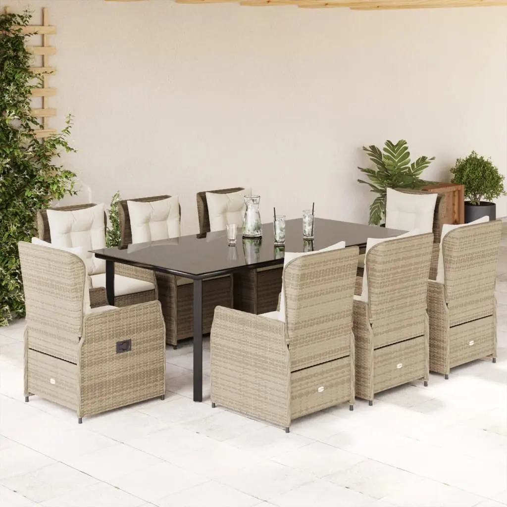 Set da Pranzo da Giardino 9 pz con Cuscini Beige in Polyrattan