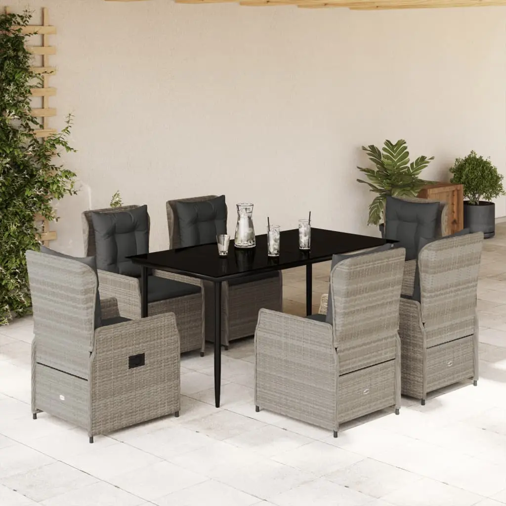 Set da Pranzo da Giardino 7 pz Cuscini Polyrattan Grigio Chiaro