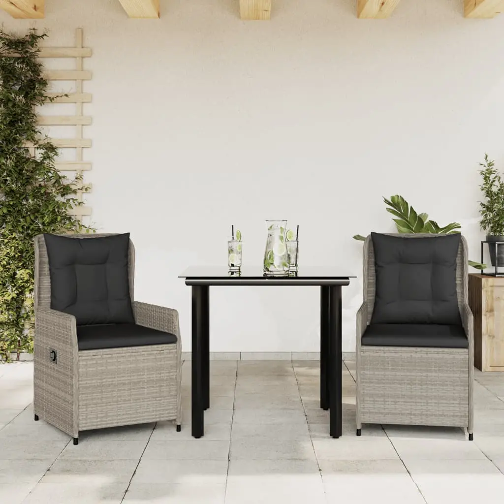 Set Pranzo da Giardino 3pz con Cuscini Grigio Chiaro Polyrattan