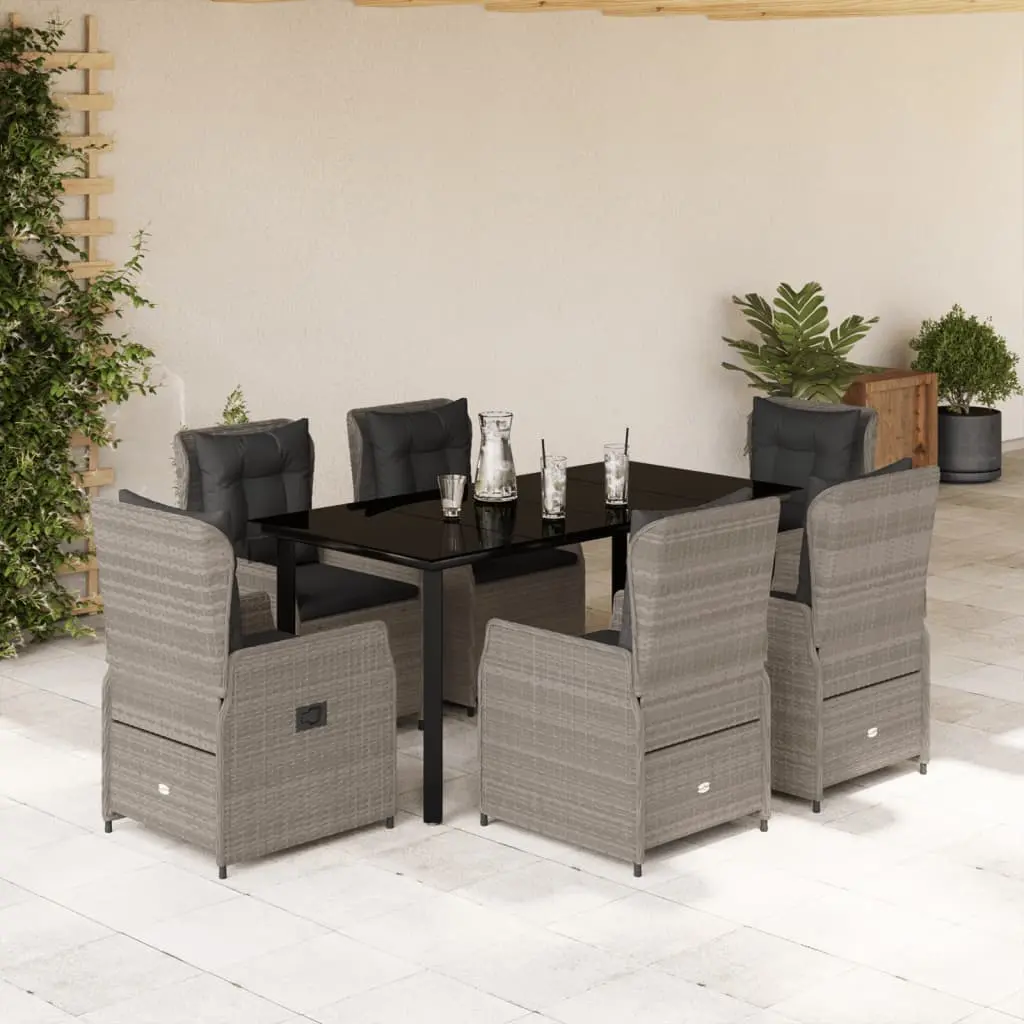 Set da Pranzo da Giardino 7 pz Cuscini Polyrattan Grigio Chiaro