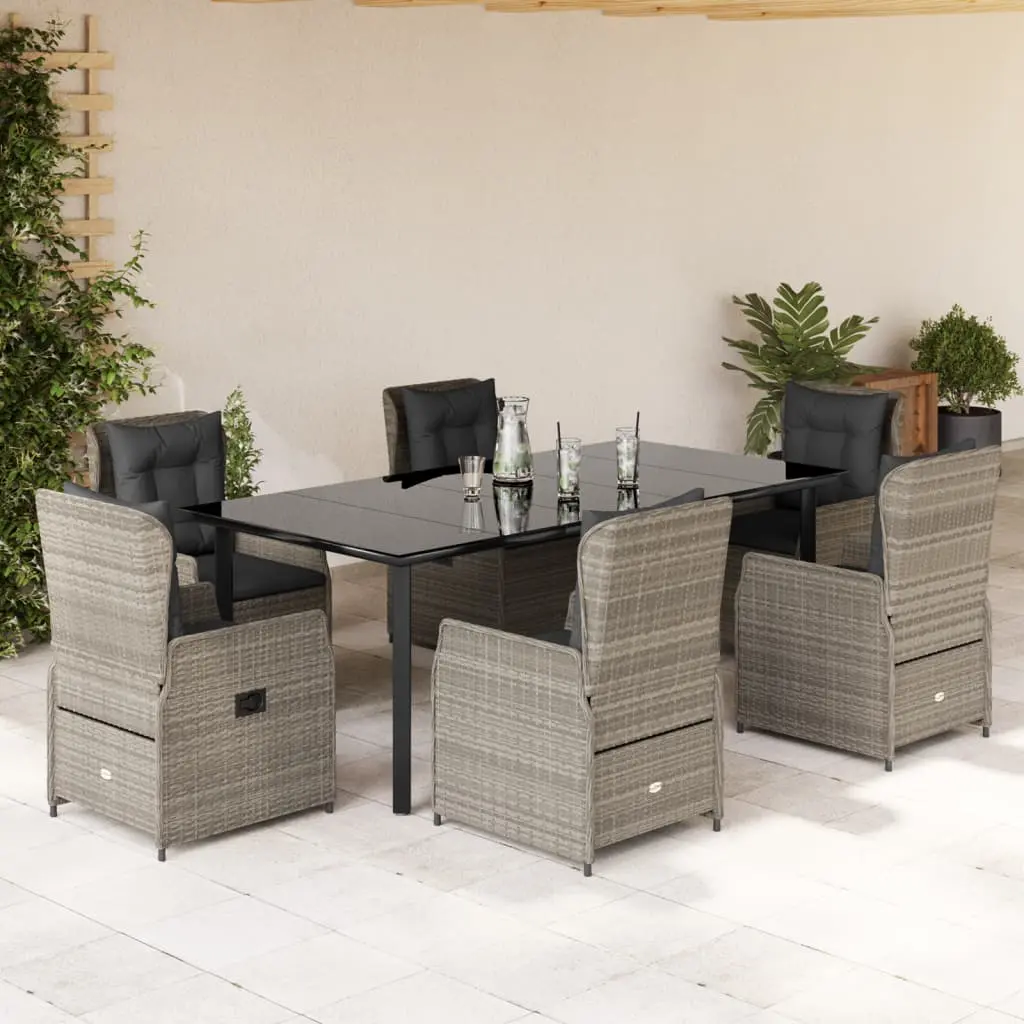 Set da Pranzo da Giardino 7 pz Cuscini Polyrattan Grigio Chiaro