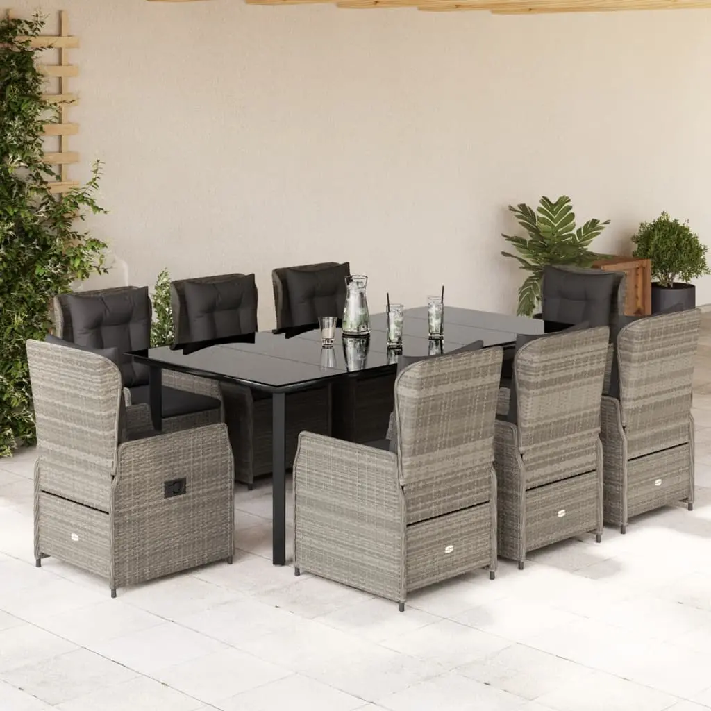 Set Pranzo da Giardino 9pz con Cuscini Grigio Chiaro Polyrattan