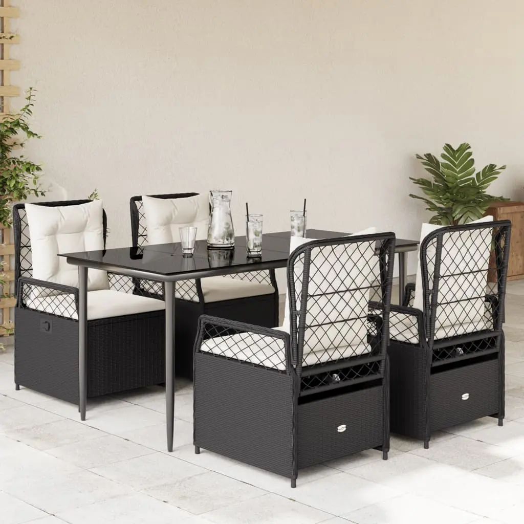 Set da Pranzo da Giardino 5 pz Nero con Cuscini in Polyrattan