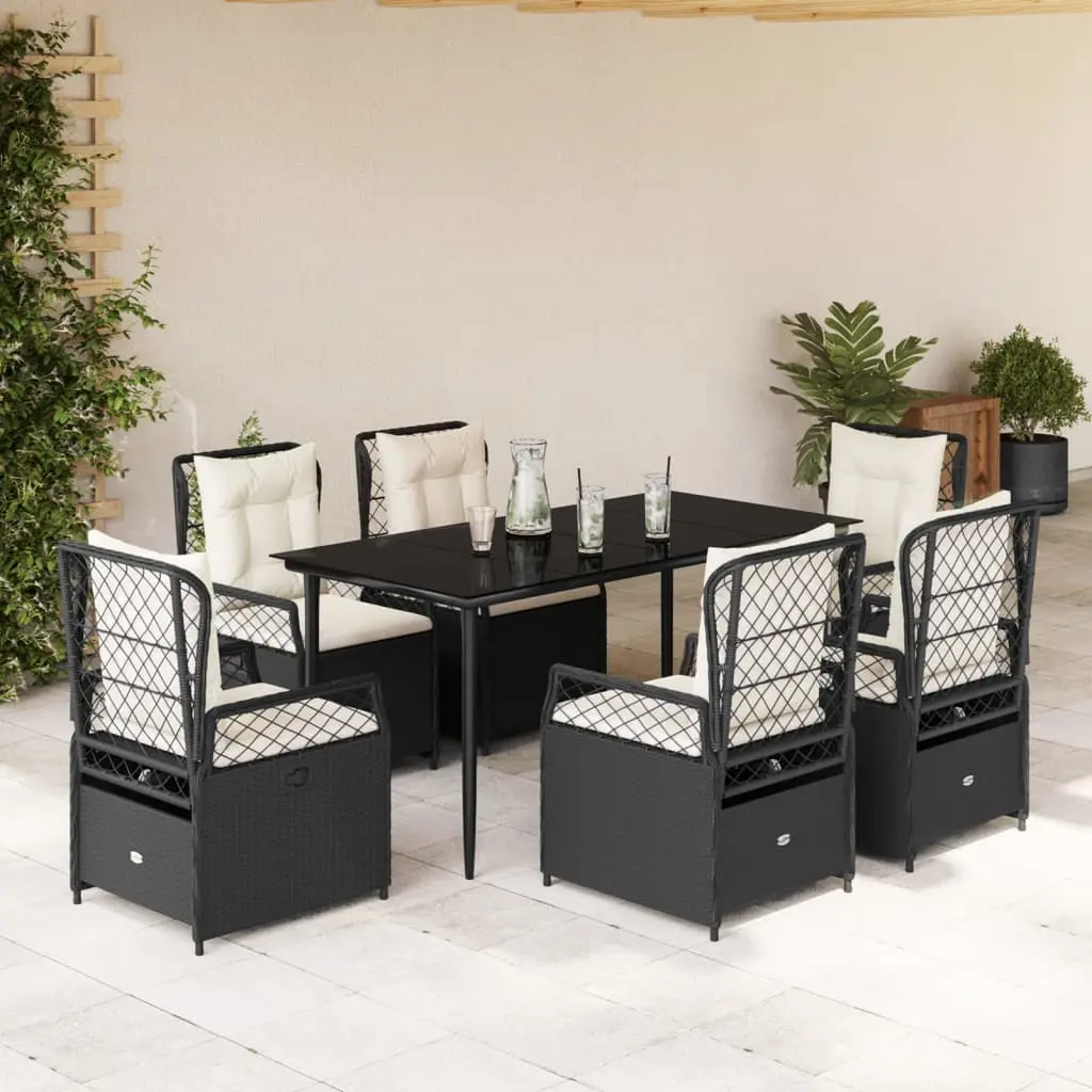 Set da Pranzo da Giardino 7 pz Nero con Cuscini in Polyrattan