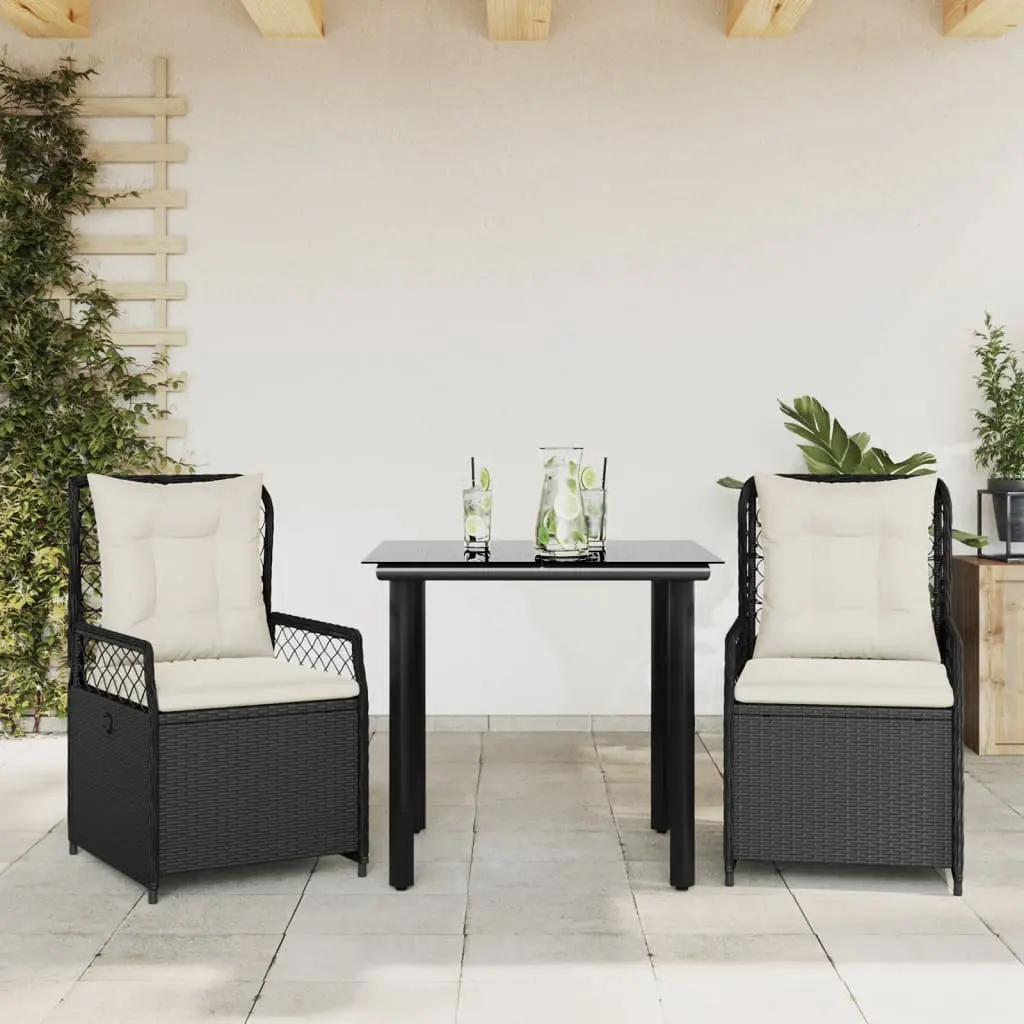 Set da Pranzo da Giardino 3 pz con Cuscini Nero in Polyrattan