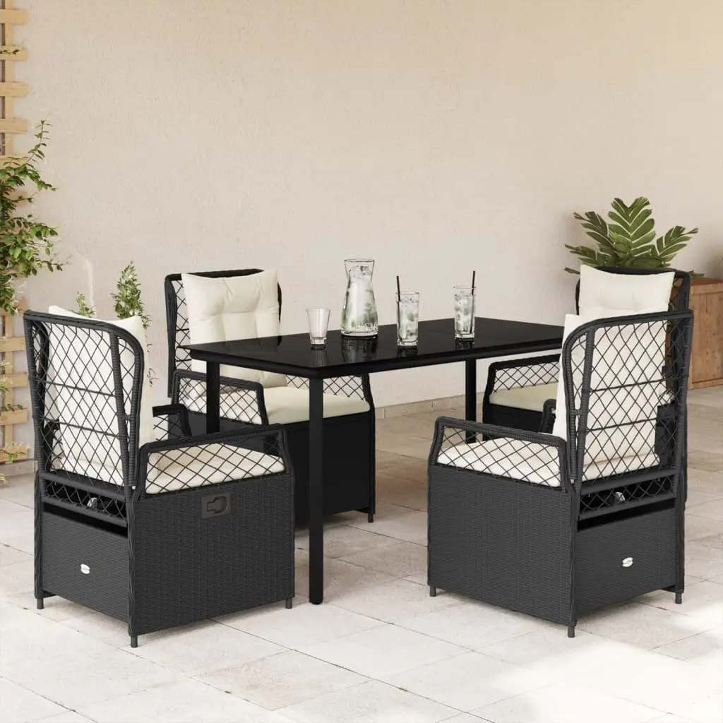 Set da Pranzo da Giardino 5 pz Nero con Cuscini in Polyrattan