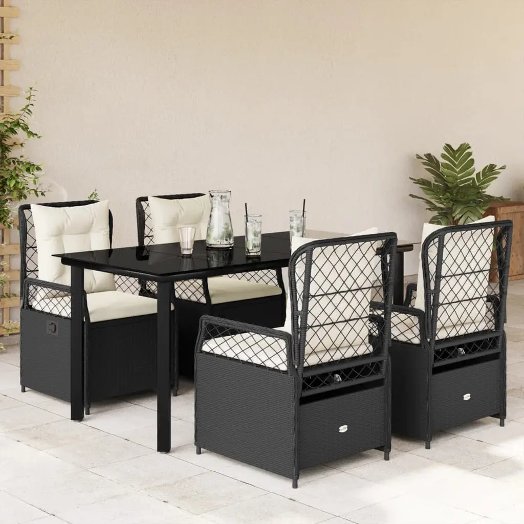 Set da Pranzo da Giardino 5 pz Nero con Cuscini in Polyrattan