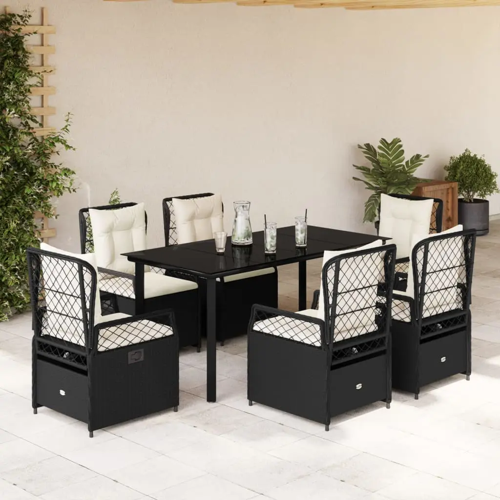 Set da Pranzo da Giardino 7 pz Nero con Cuscini in Polyrattan