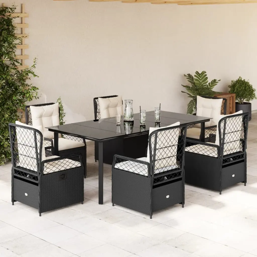 Set da Pranzo da Giardino 7 pz Nero con Cuscini in Polyrattan