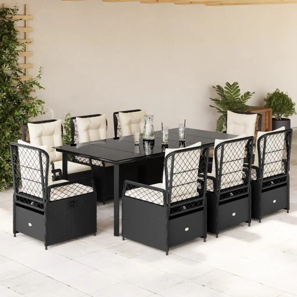 Set da Pranzo da Giardino 9 pz con Cuscini Nero in Polyrattan