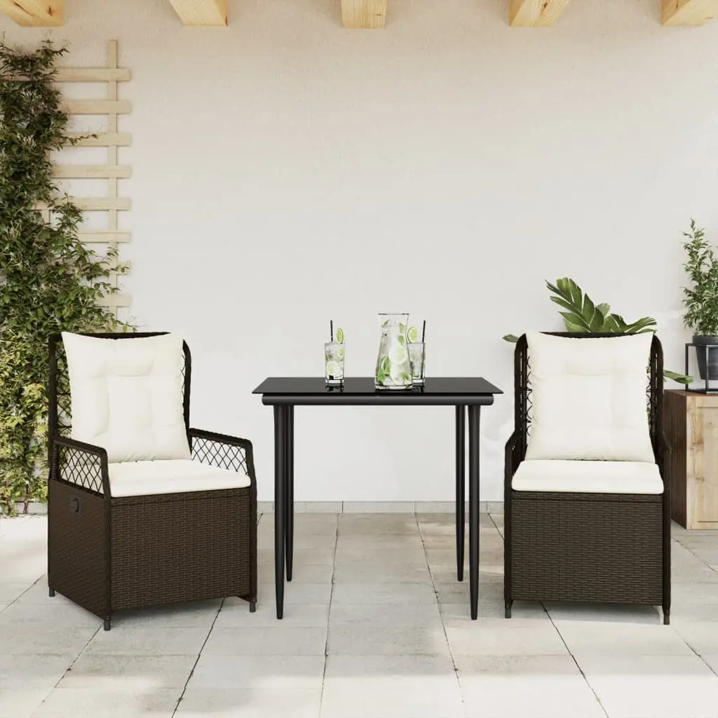 Set da Pranzo da Giardino 3pz con Cuscini in Polyrattan Marrone