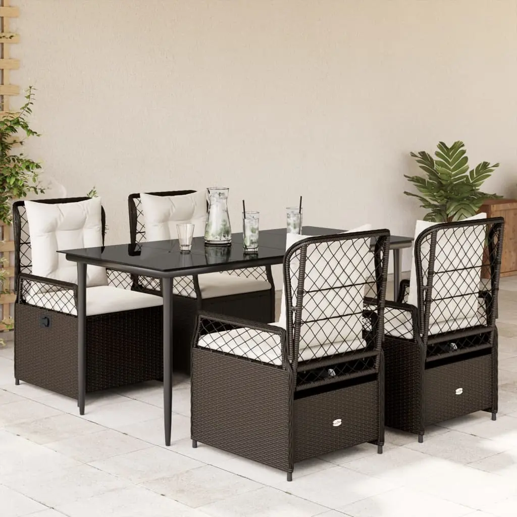 Set da Pranzo da Giardino 5pz con Cuscini in Polyrattan Marrone