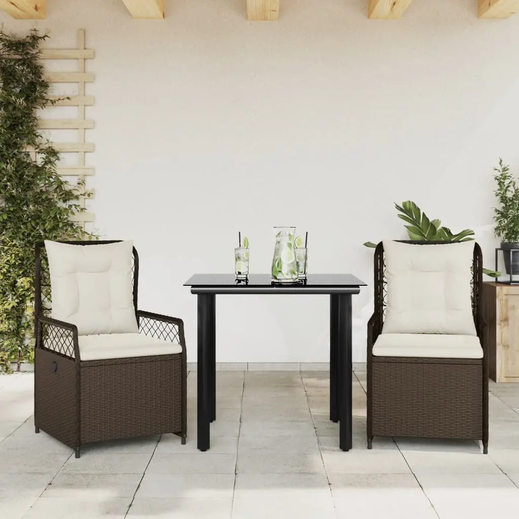 Set da Pranzo da Giardino 3pz con Cuscini in Polyrattan Marrone