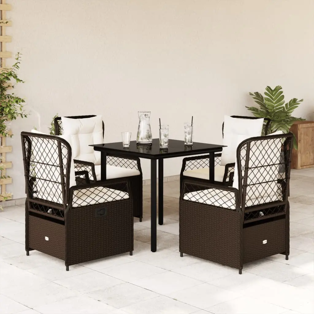 Set da Pranzo da Giardino 5pz con Cuscini in Polyrattan Marrone