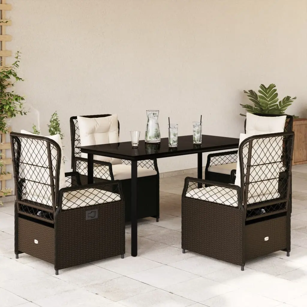 Set da Pranzo da Giardino 5pz con Cuscini in Polyrattan Marrone