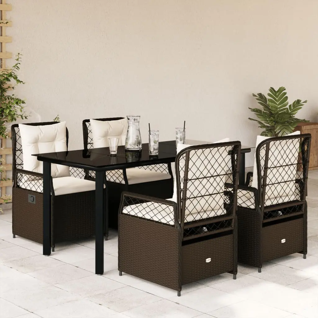 Set da Pranzo da Giardino 5pz con Cuscini in Polyrattan Marrone