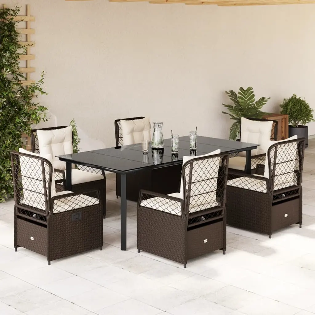 Set da Pranzo da Giardino 7pz con Cuscini in Polyrattan Marrone