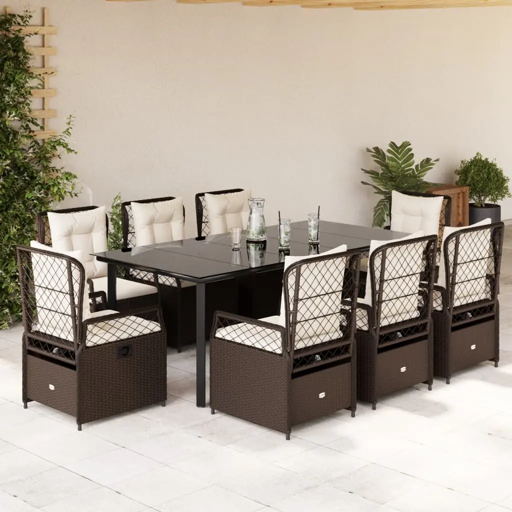 Set da Pranzo da Giardino 9pz con Cuscini Marrone in Polyrattan