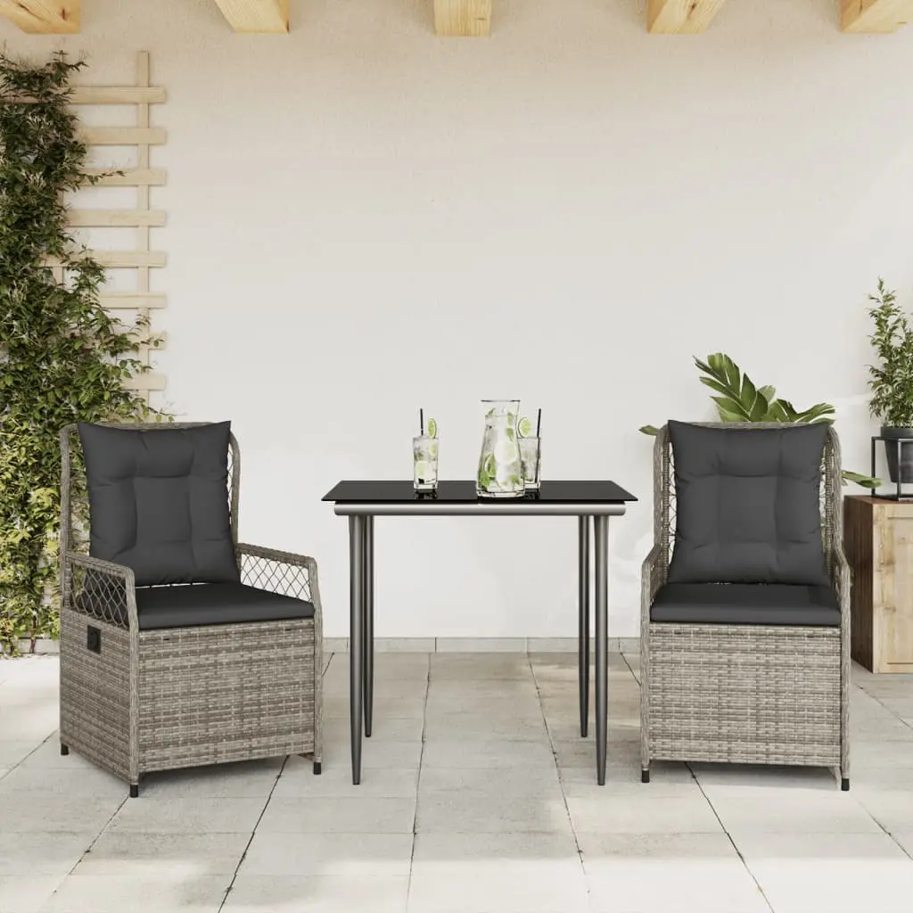 Set da Pranzo da Giardino 3 pz con Cuscini in Polyrattan Grigio