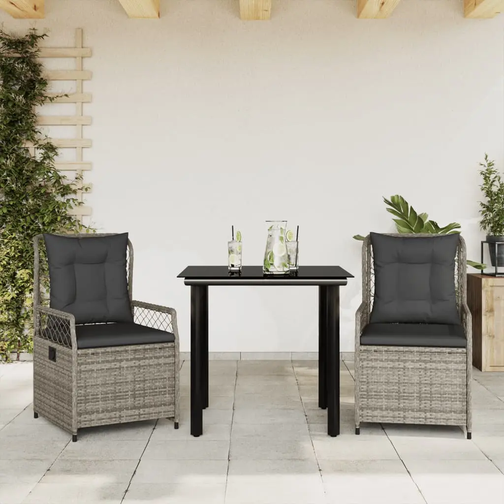 Set da Pranzo da Giardino 3 pz con Cuscini in Polyrattan Grigio