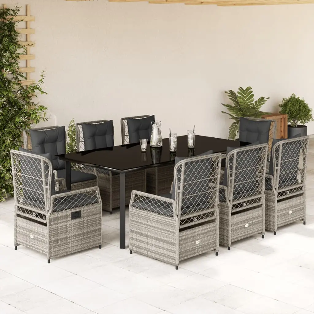 Set da Pranzo da Giardino 9 pz con Cuscini in Polyrattan Grigio