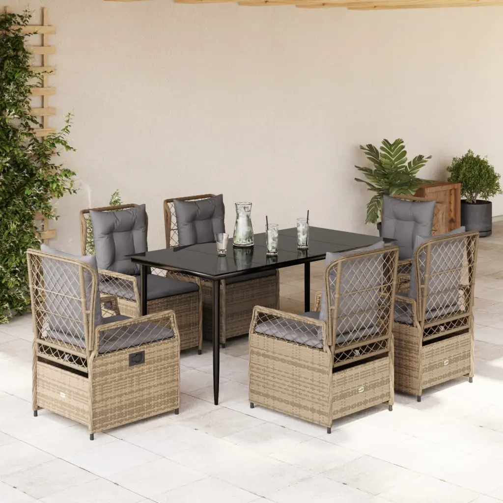 Set da Pranzo da Giardino 7 pz con Cuscini Beige in Polyrattan