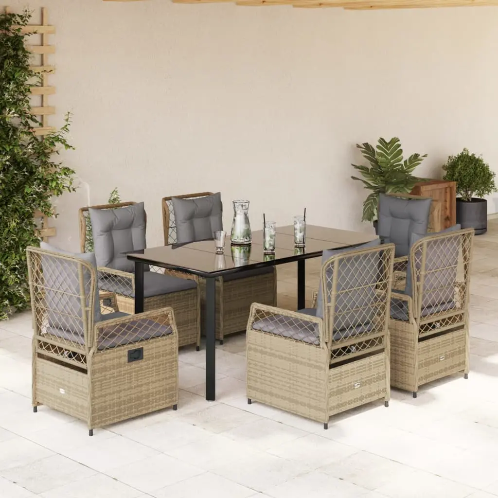 Set da Pranzo da Giardino 7 pz con Cuscini Beige in Polyrattan