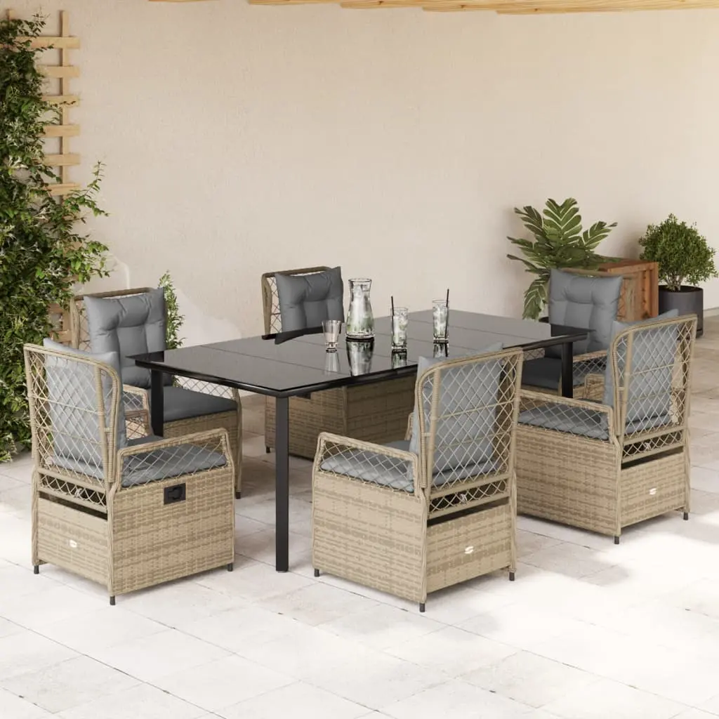 Set da Pranzo da Giardino 7 pz con Cuscini Beige in Polyrattan