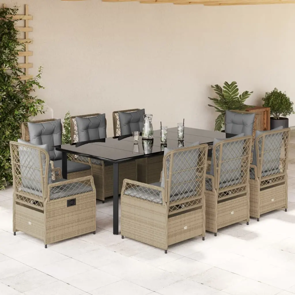 Set da Pranzo da Giardino 9 pz con Cuscini Beige in Polyrattan