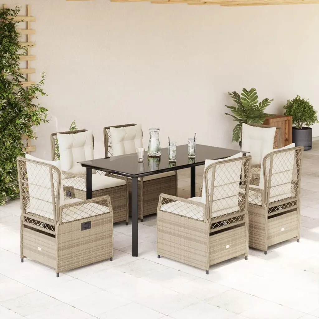 Set da Pranzo da Giardino 7 pz con Cuscini Beige in Polyrattan